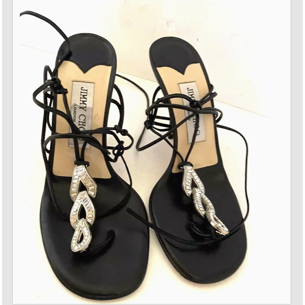 Jimmy Choo Women 37 Black Leather Crystal Lace Up Stiletto Sandals Designer Heel